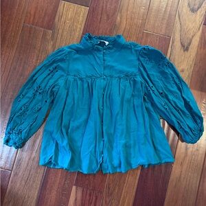 CROSBY by Mollie Burch Teal Blouse with Eyelet Detail